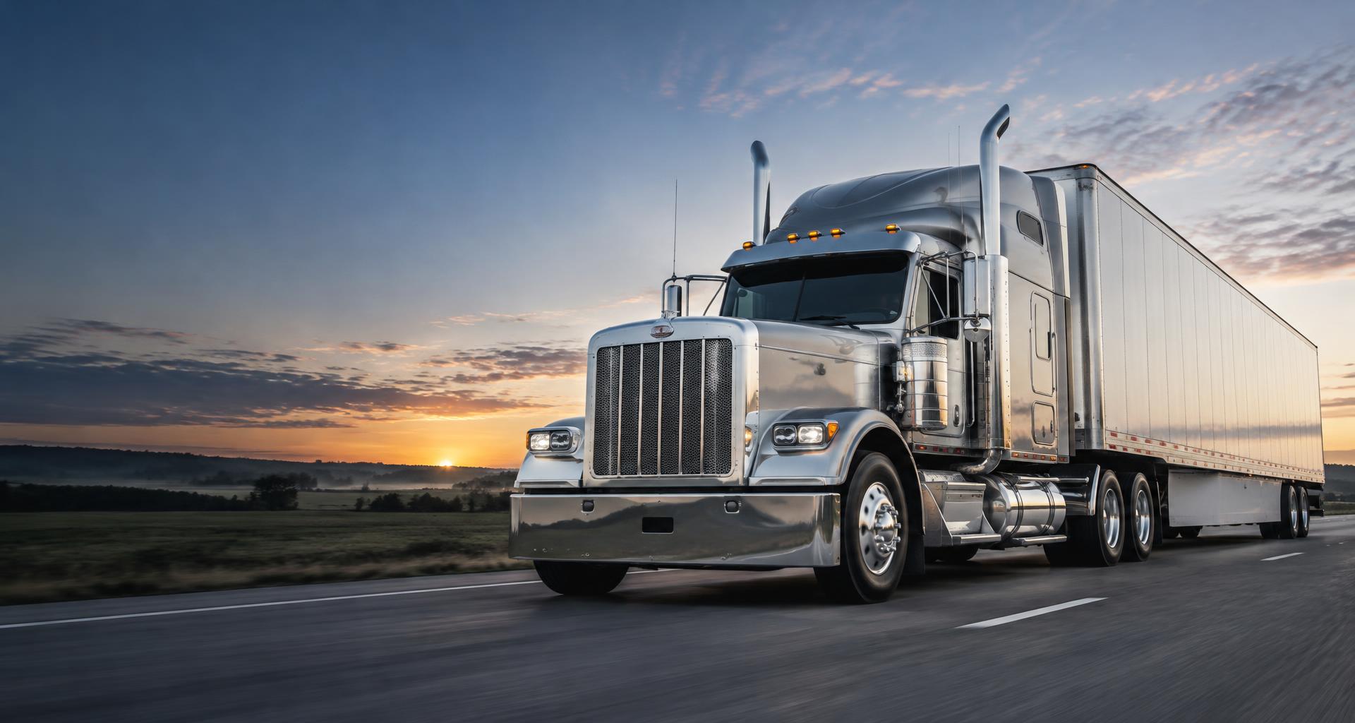 A silver semi-truck and dry van trailer on a Midwest highway at sunrise